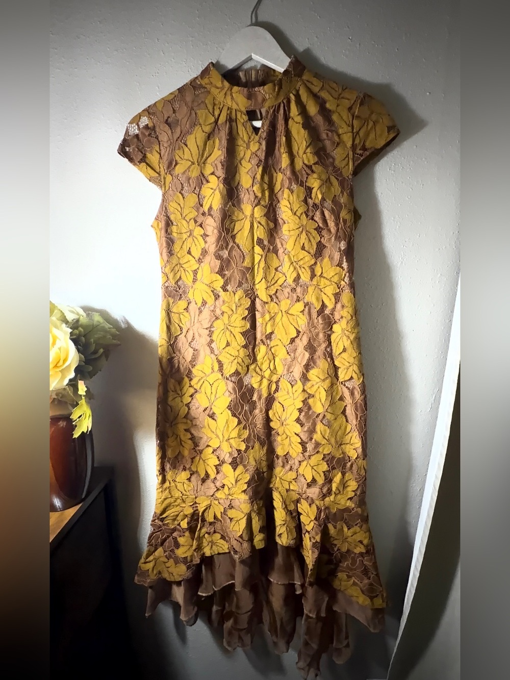 Urban Outfitters Mustard and Brown Lace Floral Midi Dress